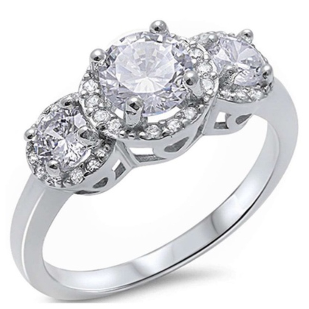 Trendy Three-Stone Halo Engagement Ring with Pavé